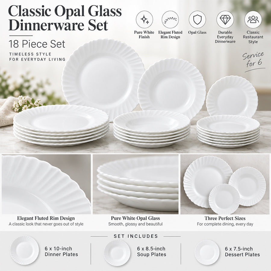 18-Piece White Opal Glass Dinnerware Set