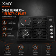 XMY 4-Zone Dual-Fuel Built-In Hob with 3 Gas Burners & 1 Electric Plate