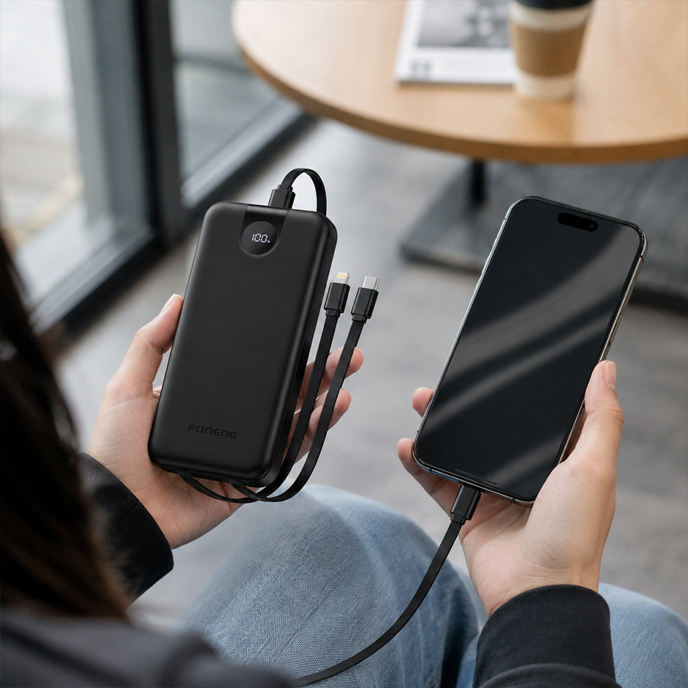 FONENG 10000mAh 22.5W Fast Charging Power Bank with 3 Built-In Cables