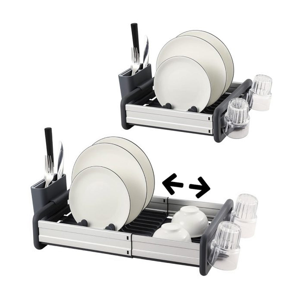 Extendable Stainless Steel Dish Drying Rack with Cup & Cutlery Holders