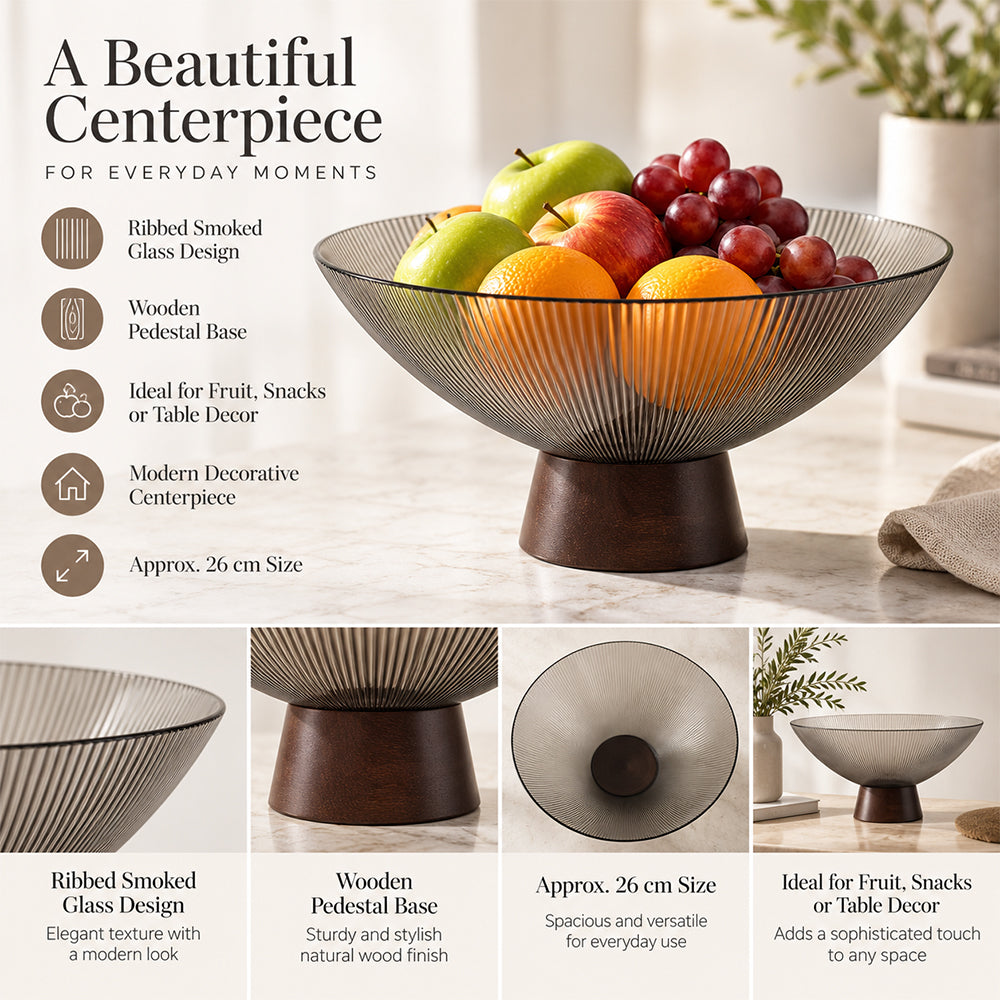Ribbed Glass Fruit Bowl with Wooden Pedestal - 26cm
