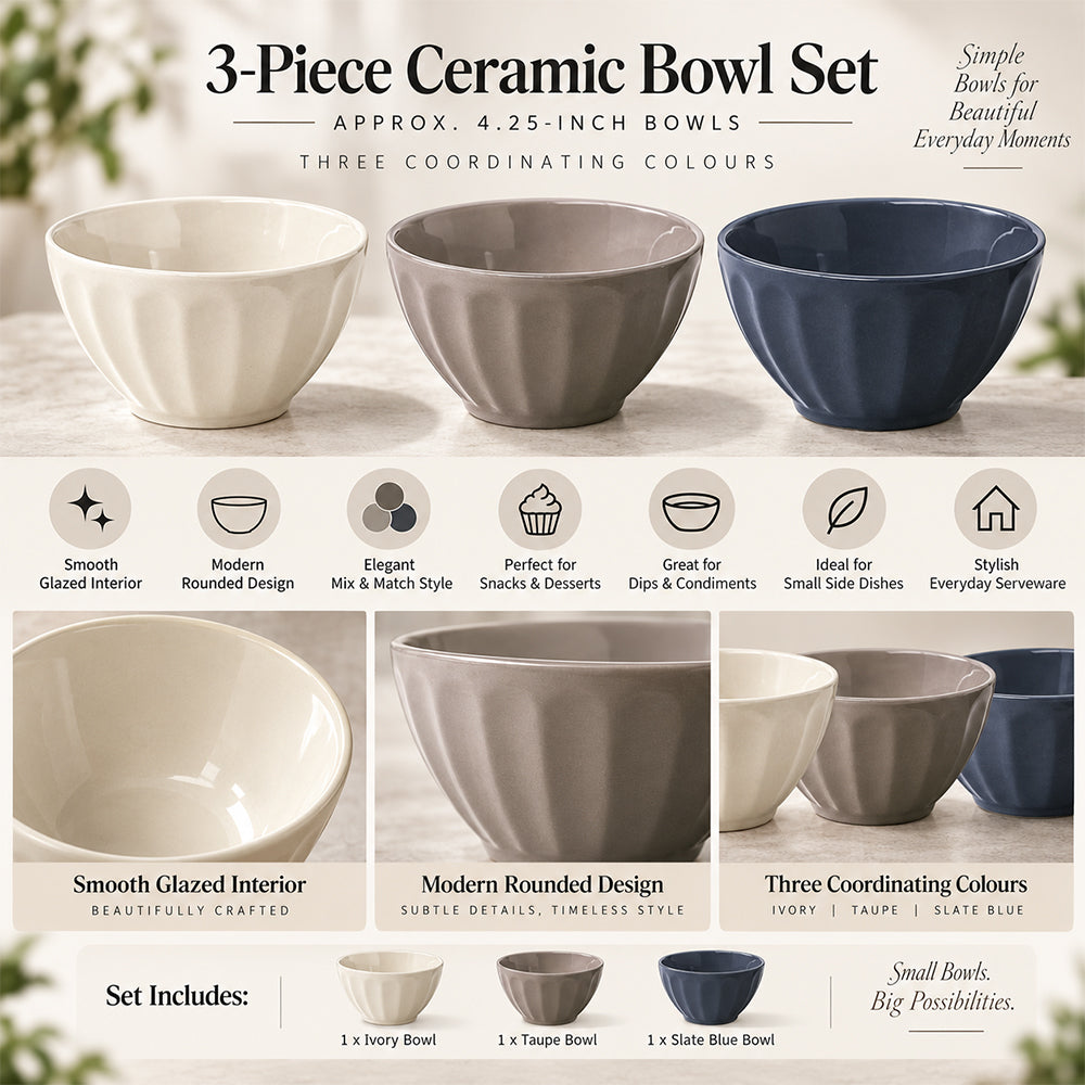 3-Piece Mix & Match Ceramic Bowl Set - 4.25 Inch