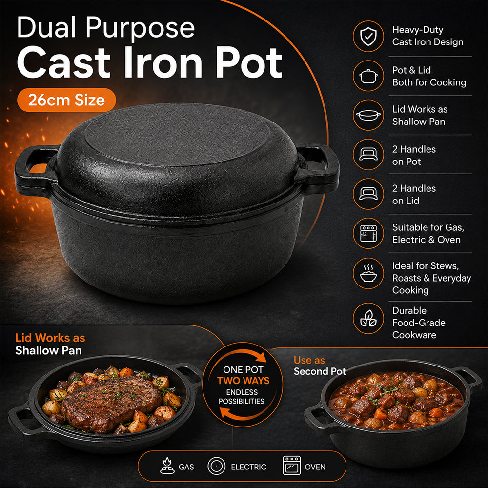 Condere 26cm Dual Purpose Cast Iron Pot with Shallow Pan Lid
