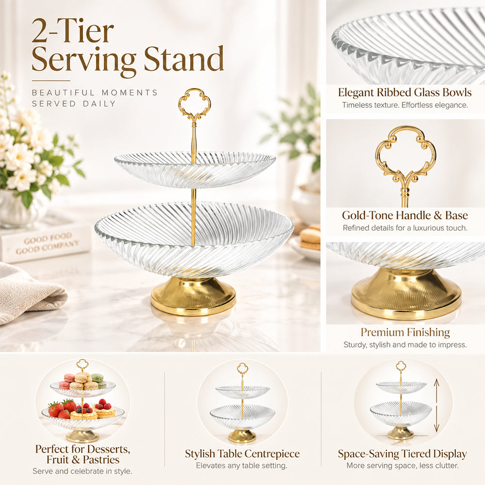 2-Tier Clear Glass Cake & Serving Stand - 28cm