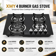 XMY Built-In Tempered Glass 4-Burner Gas Stove