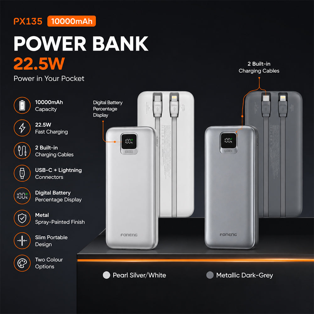FONENG 10000mAh 22.5W Fast Charging Power Bank with 2 Built-In Cables