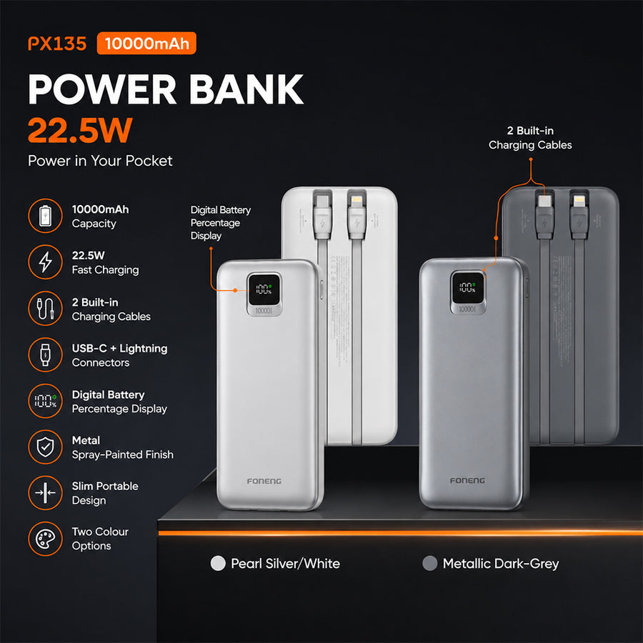 FONENG 10000mAh 22.5W Fast Charging Power Bank with 2 Built-In Cables