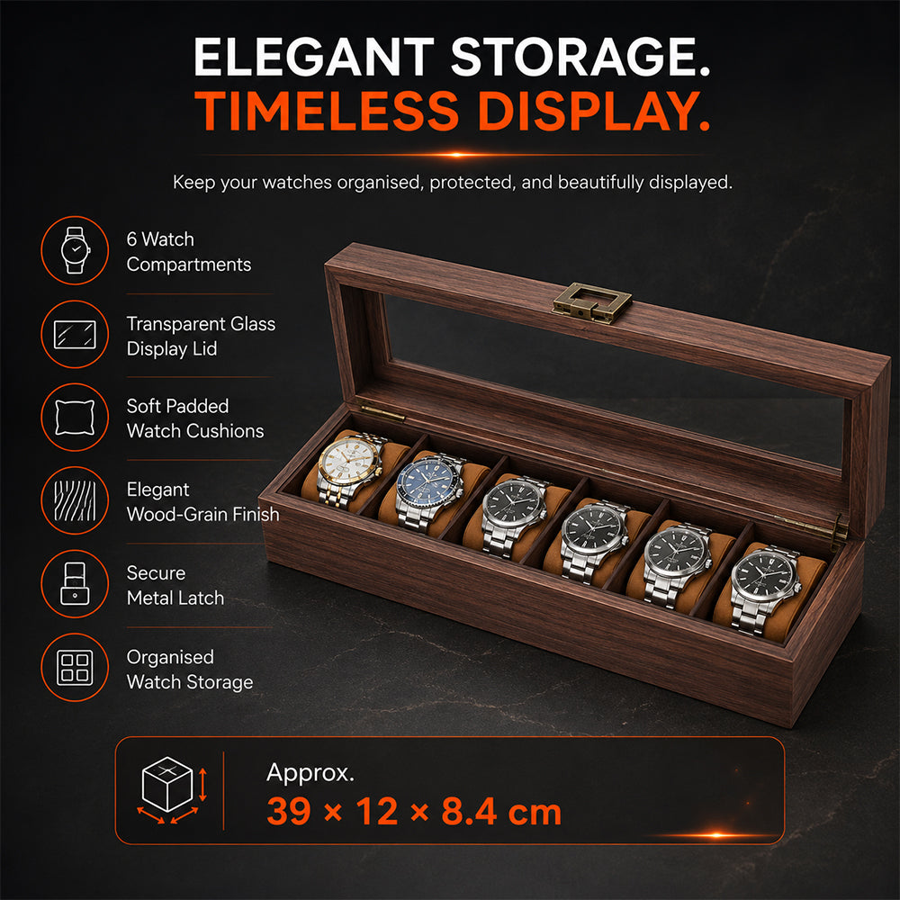 6-Slot Wooden Watch Storage Box with Glass Display Lid