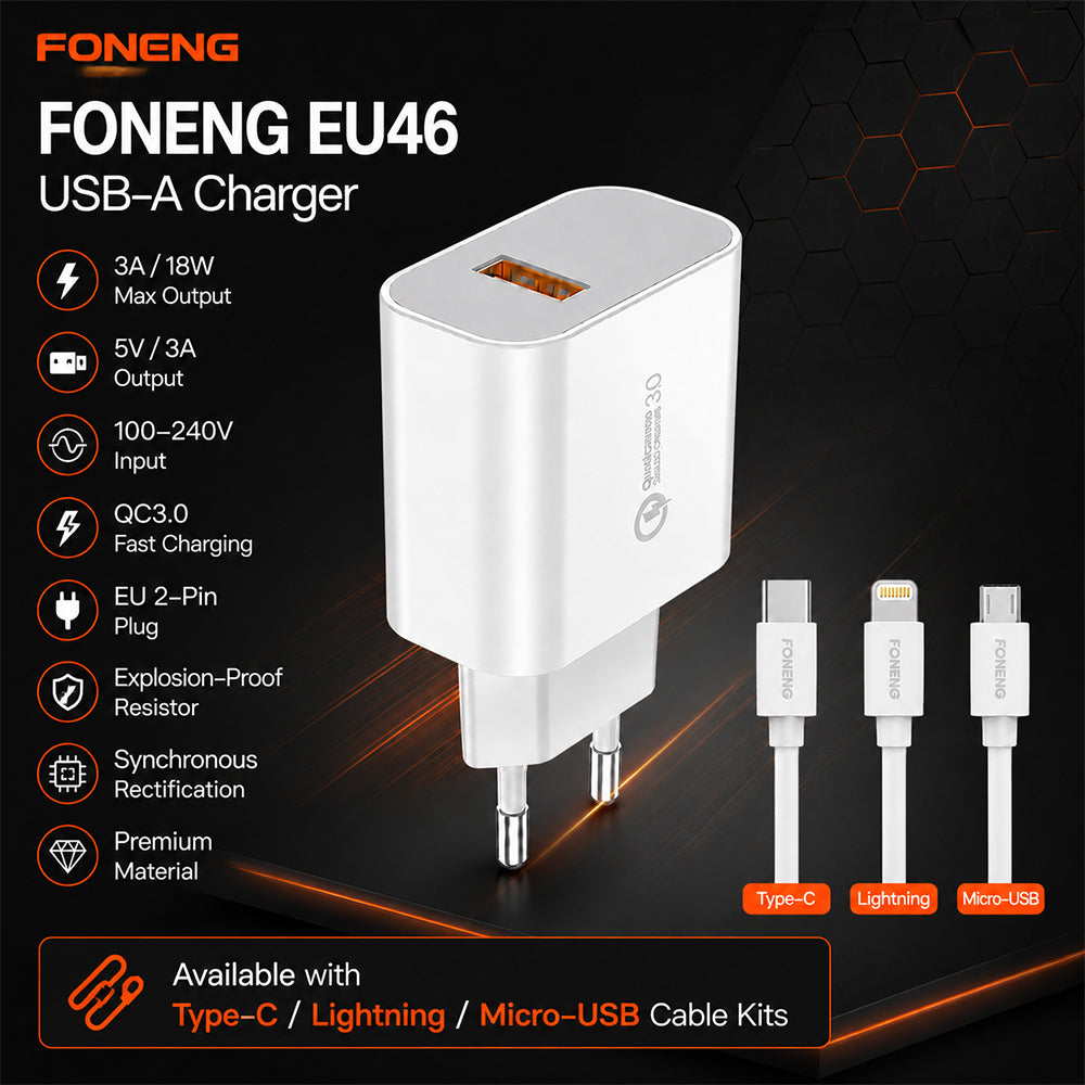FONENG EU46 18W 3A USB-A Fast Charger with Cable