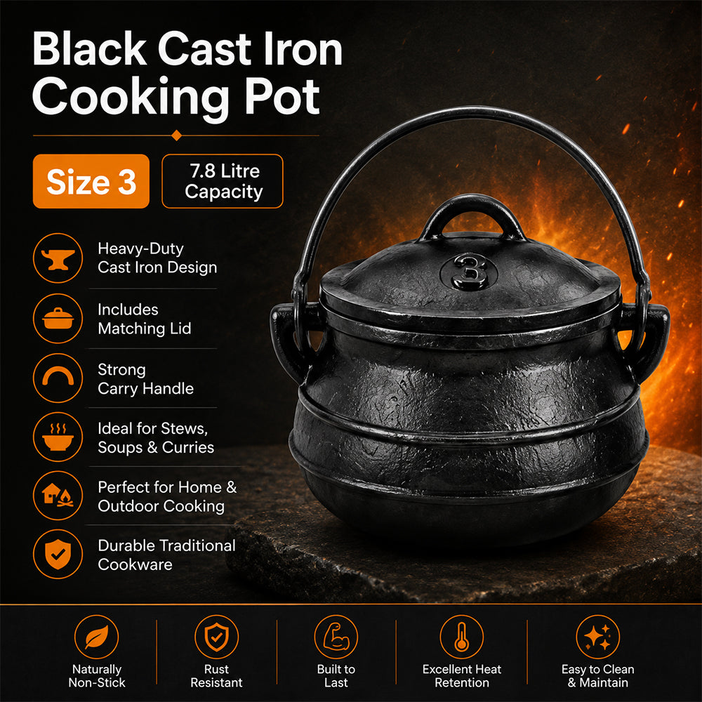 Condere Size 3 Black Cast Iron Cooking Pot with Lid - 7.8L