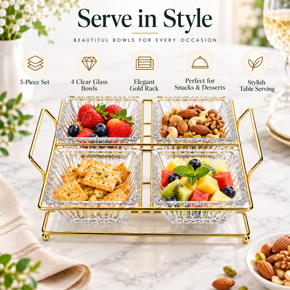 5-Piece Glass Serving Bowl Set with Metal Stand - 250ml