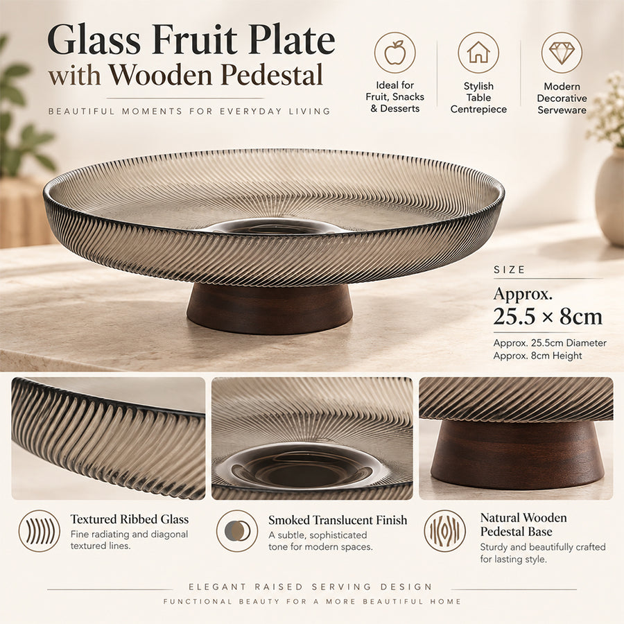 Ribbed Glass Fruit Plate with Wooden Pedestal - 25.5cm