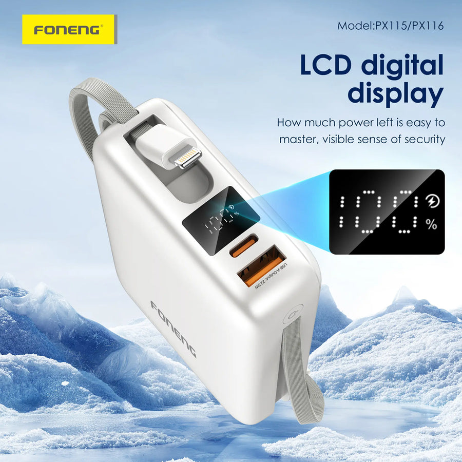 FONENG PX116 20000mAh 22.5W Power Bank with Built-In Cables