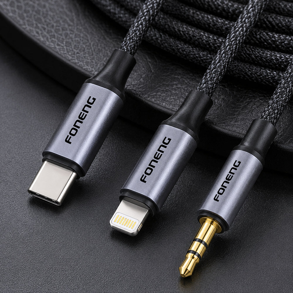 FONENG Metal AUX Audio Cable – 3.5mm / Type-C / Lightning