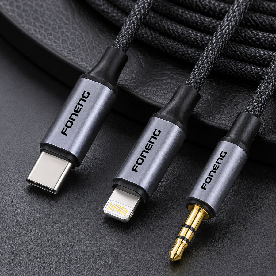 FONENG Metal AUX Audio Cable – 3.5mm / Type-C / Lightning