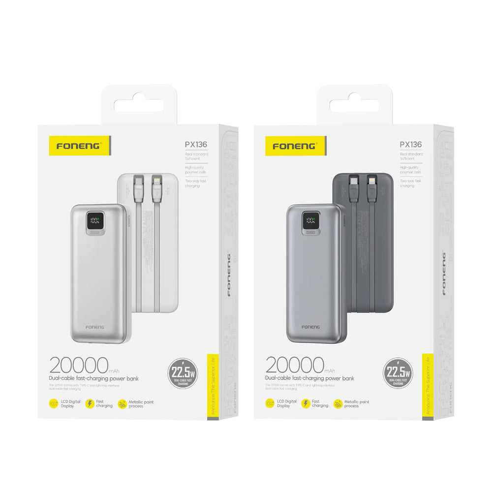 FONENG 20000mAh 22.5W Fast Charging Power Bank with 2 Built-In Cables