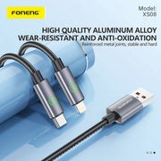 FONENG 1.2m Metal Head Green Light Braided Charging Cable
