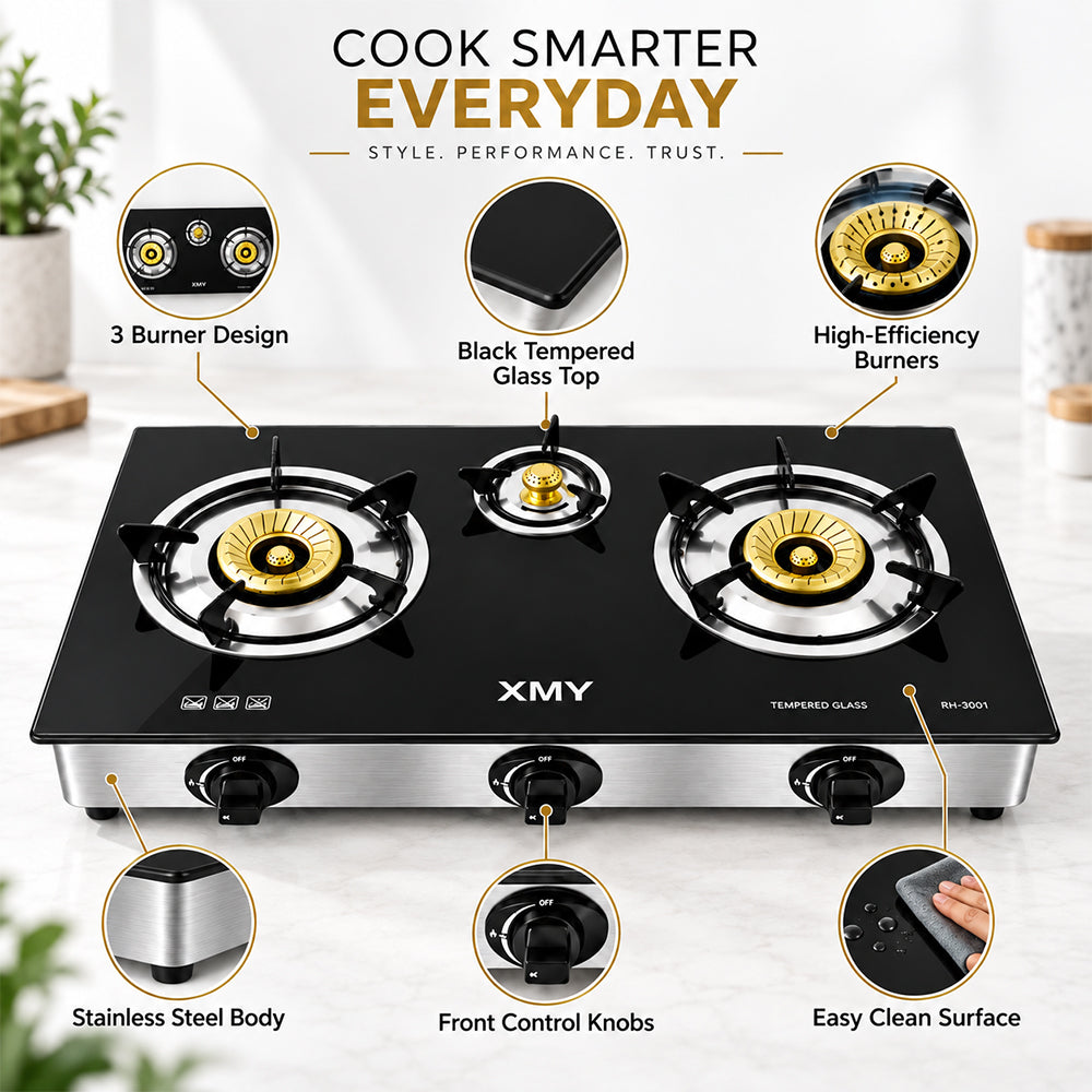 Aruif 3-Burner Tempered Glass Gas Stove