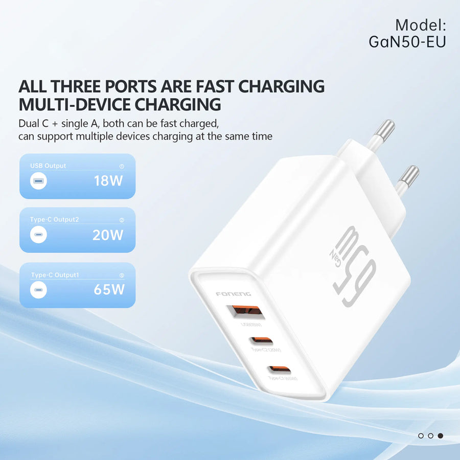 FONENG 65W 3-Port GaN Fast Charger with Type-C to Type-C Cable