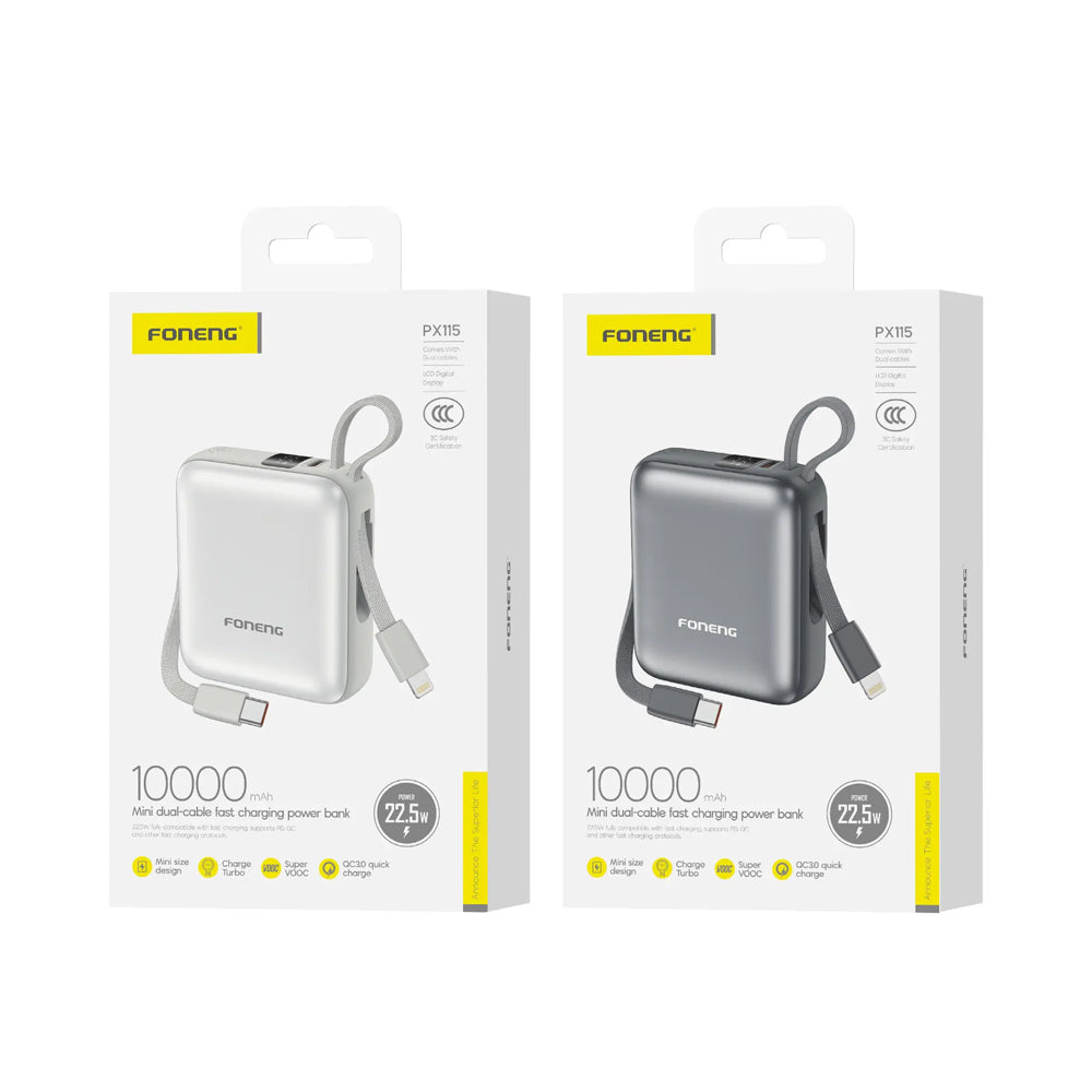 FONENG 10000mAh 22.5W Mini Fast Charging Power Bank with 2 Built-In Cables