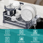Aluminium 2-Tier Fold Flat Dish Drying Rack with Utensil Holder - Silver & Grey