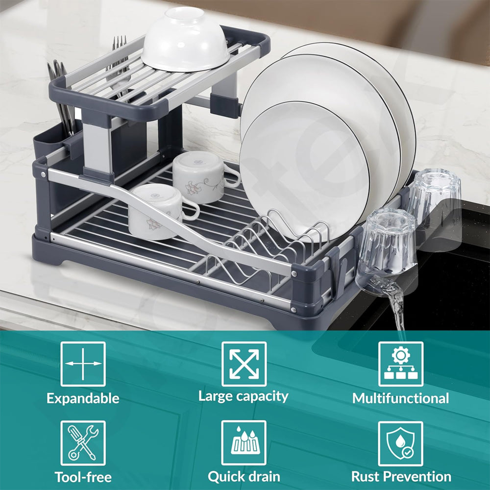 Aluminium 2-Tier Fold Flat Dish Drying Rack with Utensil Holder - Silver & Grey