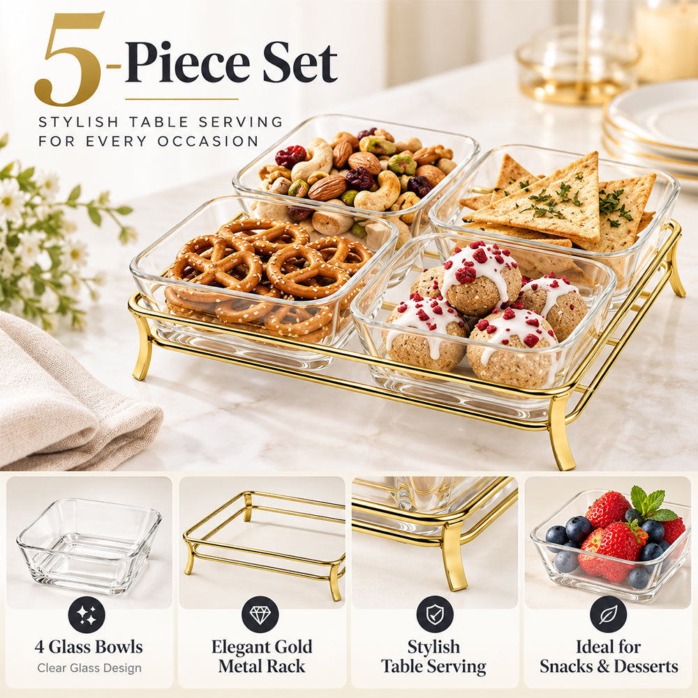 5-Piece Glass Serving Bowl Set with Metal Stand - 280ml