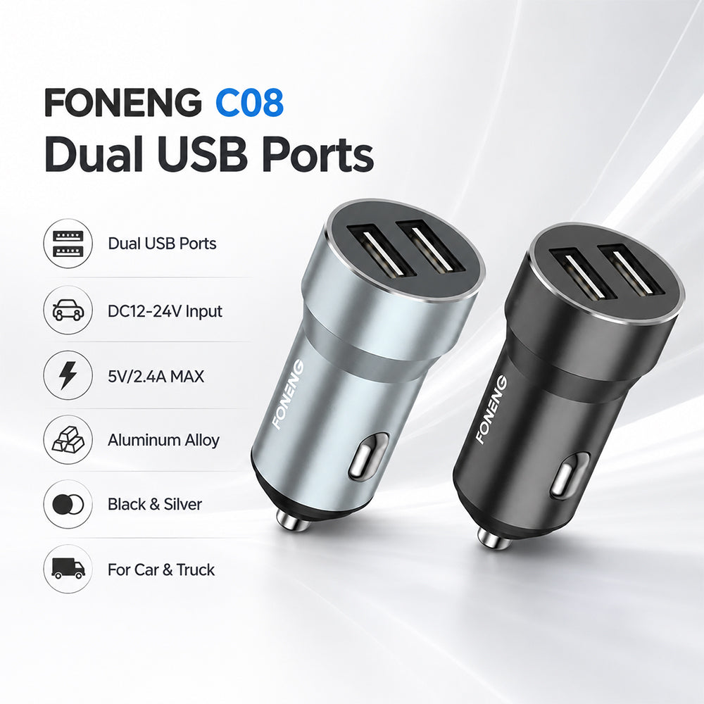 FONENG C08 Dual USB-A 2.4A Metal Car Charger