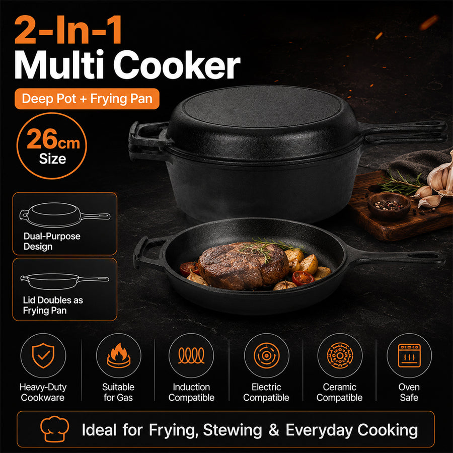 2-in-1 Multi Cooker Deep Pot with Frying Pan Lid - 26cm