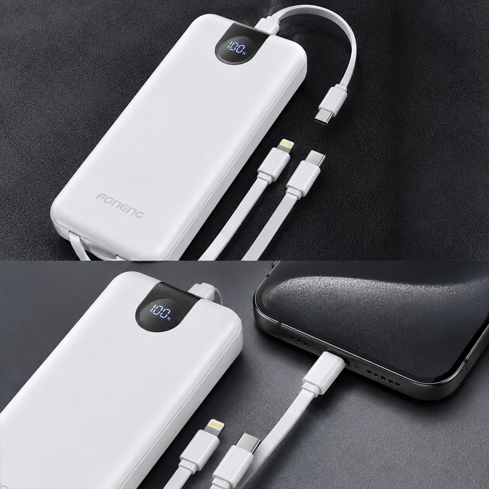 FONENG 10000mAh 22.5W Fast Charging Power Bank with 3 Built-In Cables