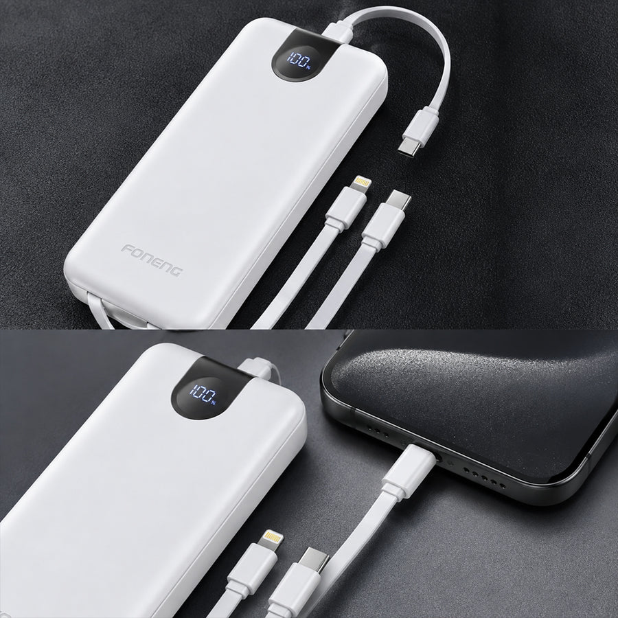 FONENG 10000mAh 22.5W Fast Charging Power Bank with 3 Built-In Cables