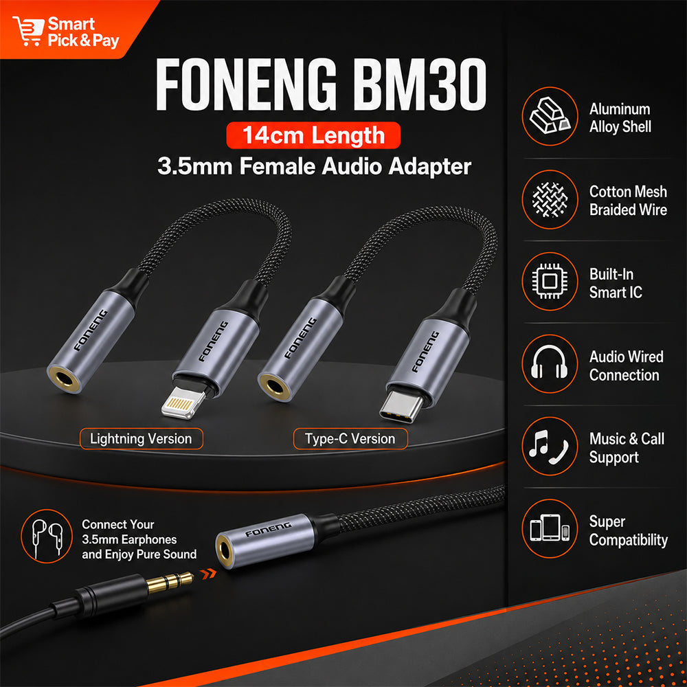 FONENG 3.5mm Female Audio Adapter Cable – Type-C / Lightning
