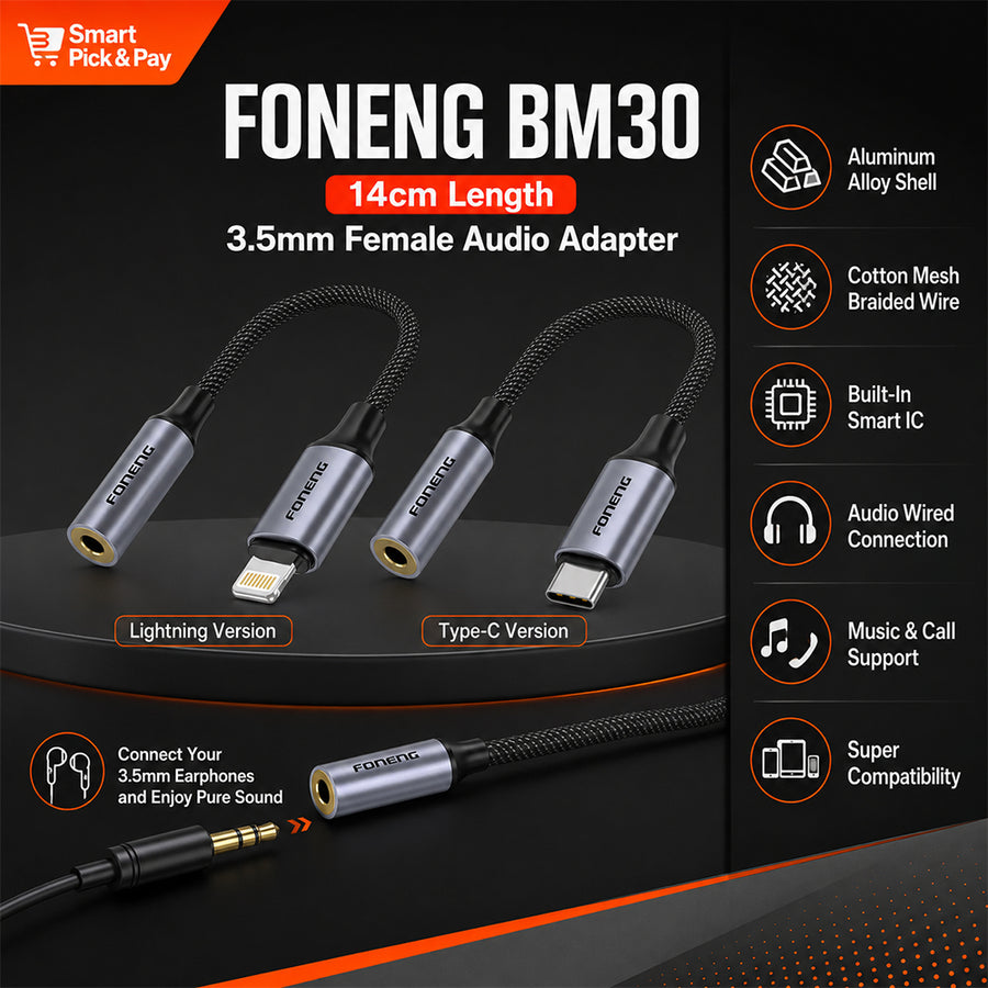 FONENG 3.5mm Female Audio Adapter Cable – Type-C / Lightning