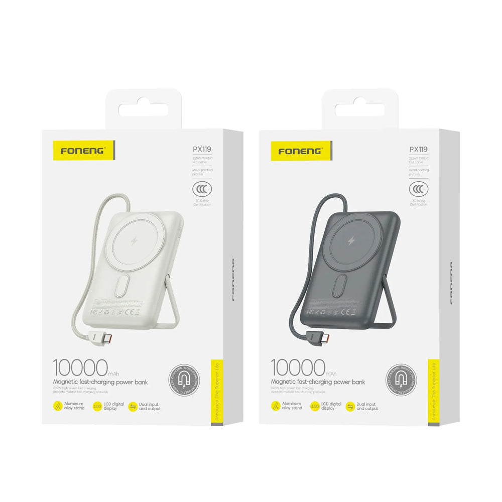 FONENG 10000mAh 22.5W Magnetic Wireless Power Bank with Built-In Cable & Stand