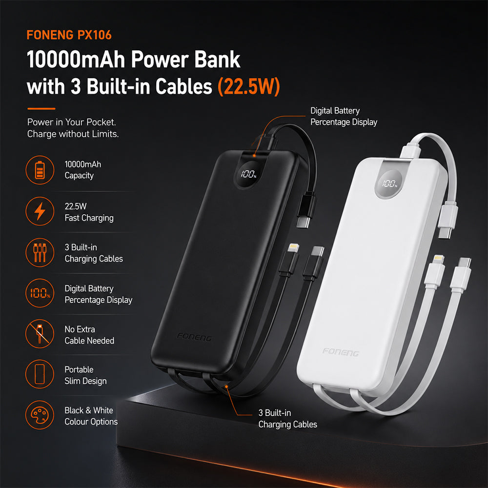 FONENG 10000mAh 22.5W Fast Charging Power Bank with 3 Built-In Cables