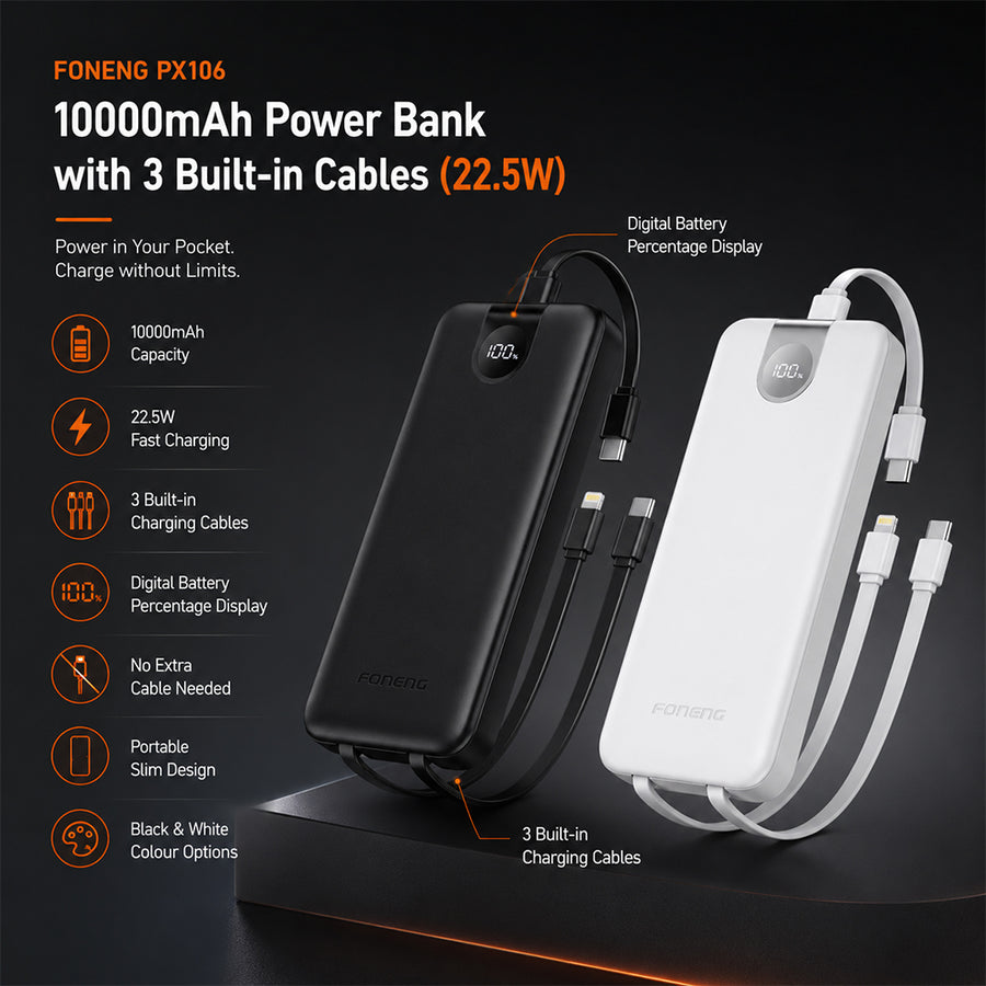 FONENG 10000mAh 22.5W Fast Charging Power Bank with 3 Built-In Cables