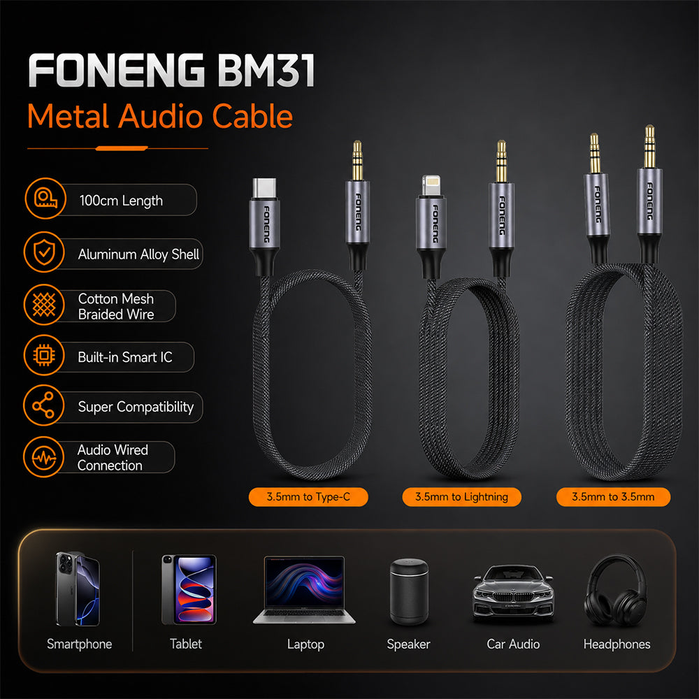 FONENG Metal AUX Audio Cable – 3.5mm / Type-C / Lightning