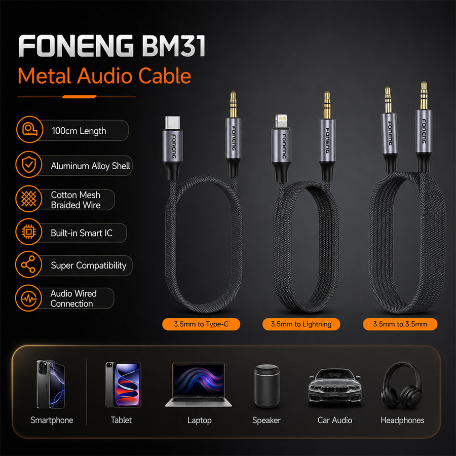 FONENG Metal AUX Audio Cable – 3.5mm / Type-C / Lightning