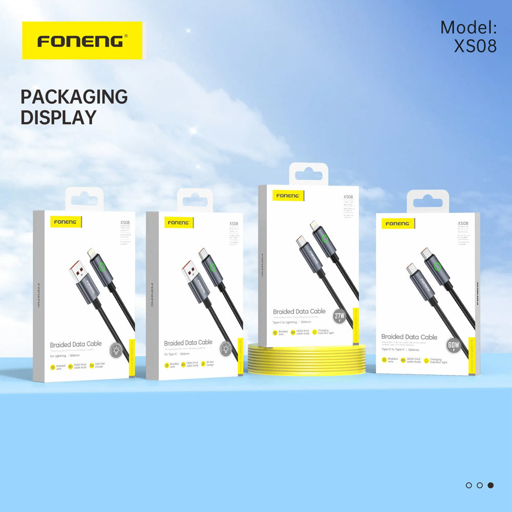 FONENG XS08 1.2m Green Light Braided Fast Charging Cable 60W / 27W