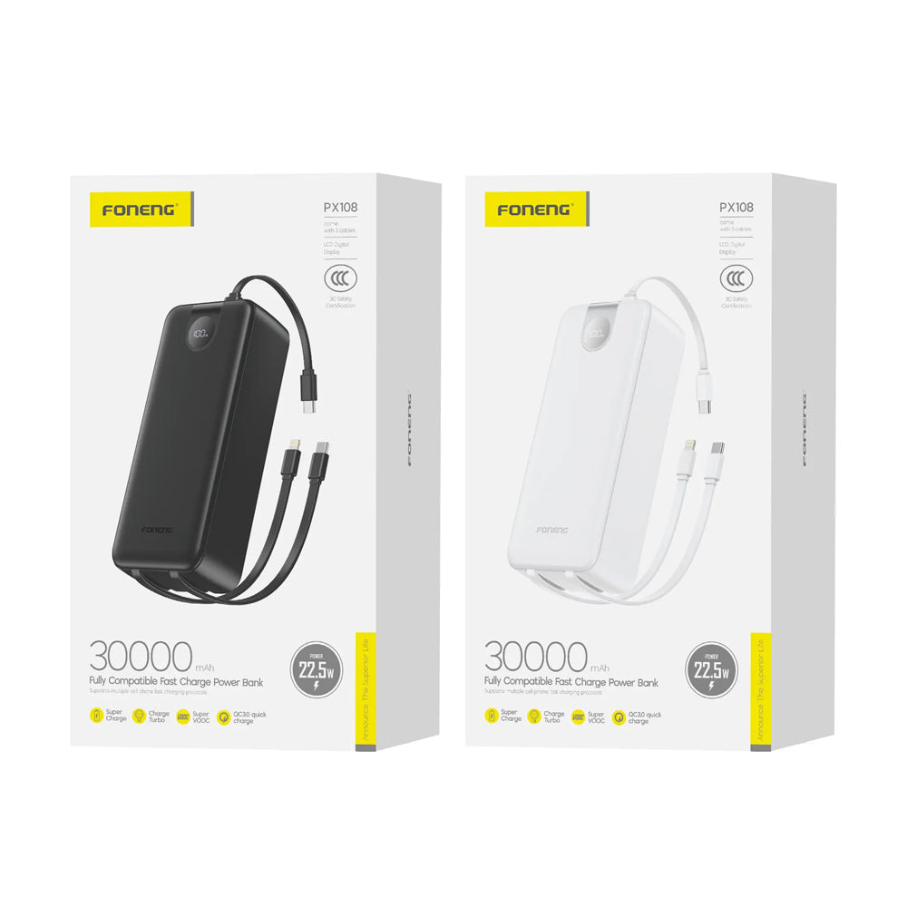 FONENG 30000mAh 22.5W Fast Charging Power Bank with 3 Built-In Cables