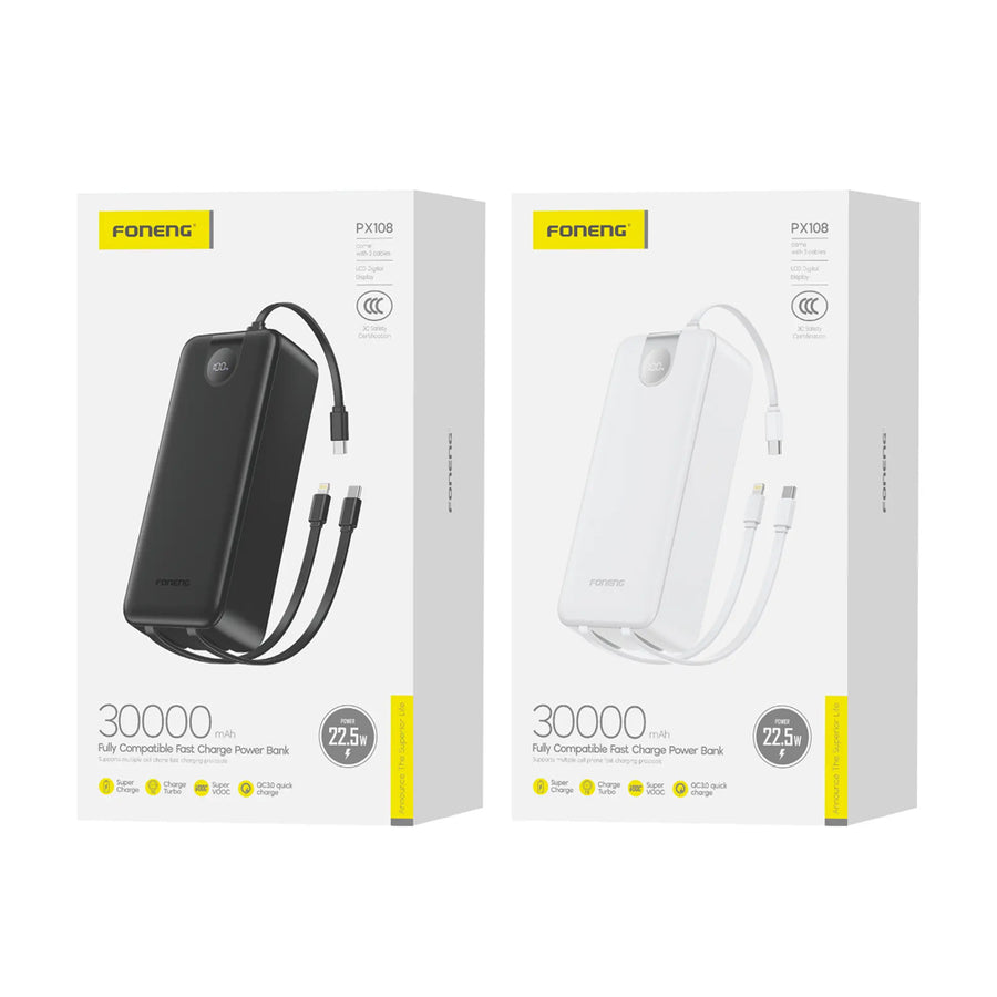 FONENG 30000mAh 22.5W Fast Charging Power Bank with 3 Built-In Cables