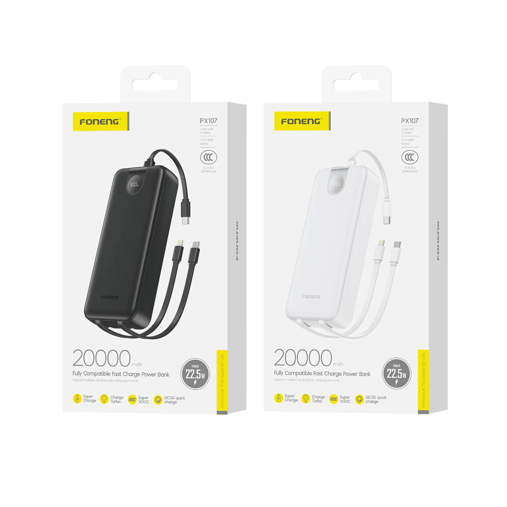 FONENG 20000mAh 22.5W Fast Charging Power Bank with 3 Built-In Cables