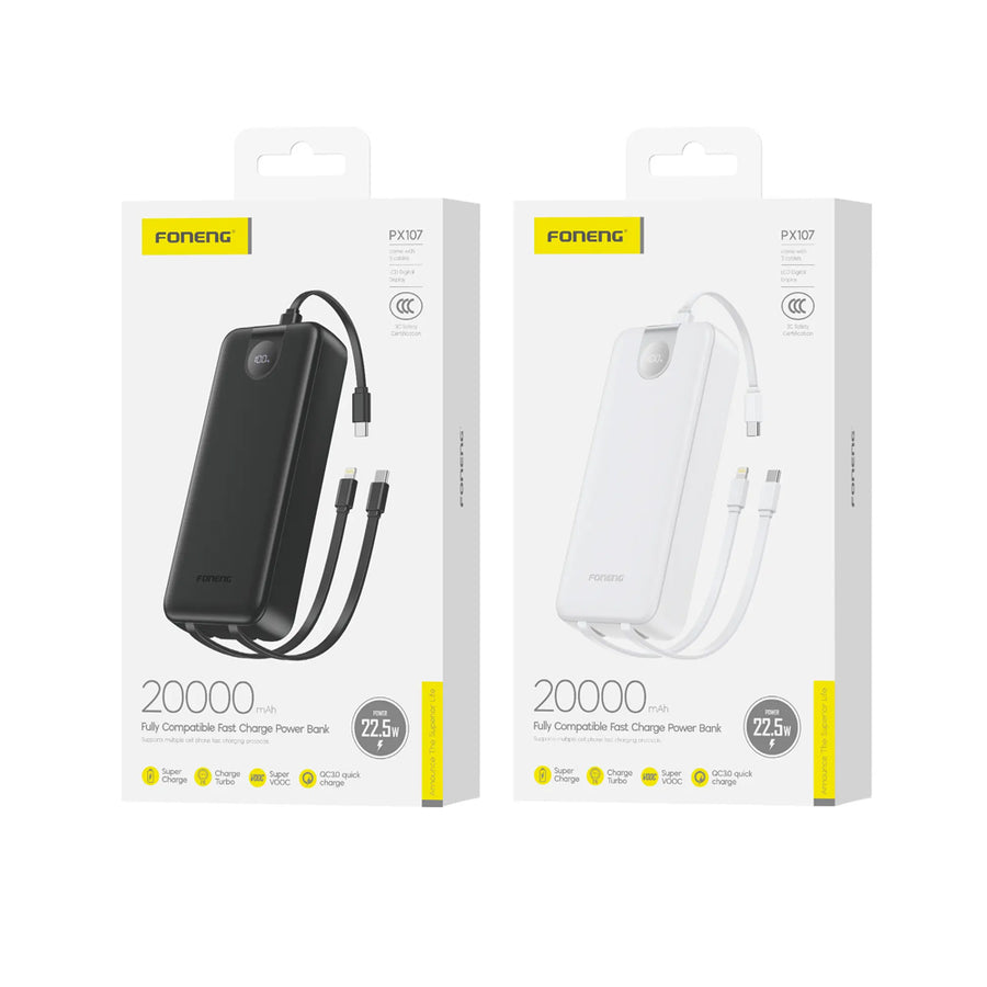 FONENG 20000mAh 22.5W Fast Charging Power Bank with 3 Built-In Cables