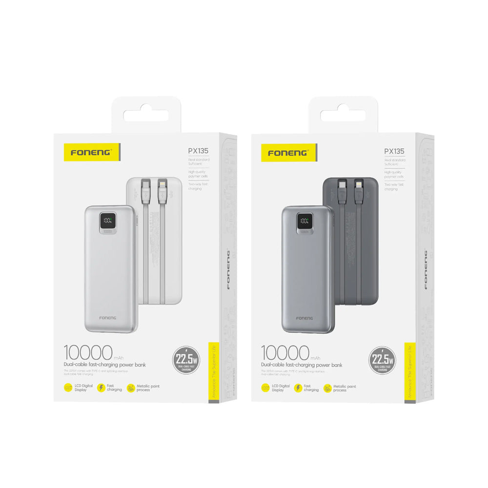 FONENG 10000mAh 22.5W Fast Charging Power Bank with 2 Built-In Cables