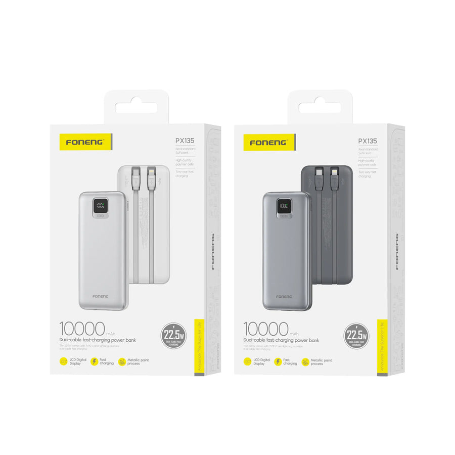 FONENG 10000mAh 22.5W Fast Charging Power Bank with 2 Built-In Cables