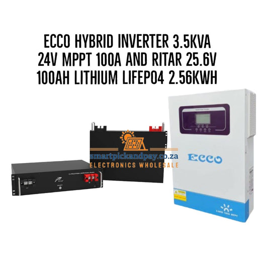 ECCO Hybrid Inverter 3.5KVA 24V MPPT 100A And  Ritar 25.6v 100ah Lithium LifePO4 2.56Kwh