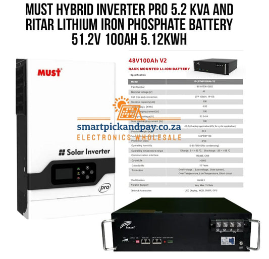 MUST Hybrid Inverter Pro 5.2 Kva and RITAR LITHIUM IRON PHOSPHATE BATTERY 51.2V 100AH 5.12KWH