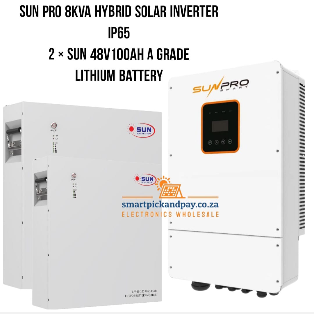 Sun Pro 8Kva Hybrid Solar Inverter Ip65 And 2x Sun 48V100Ah Lithium Ba ...