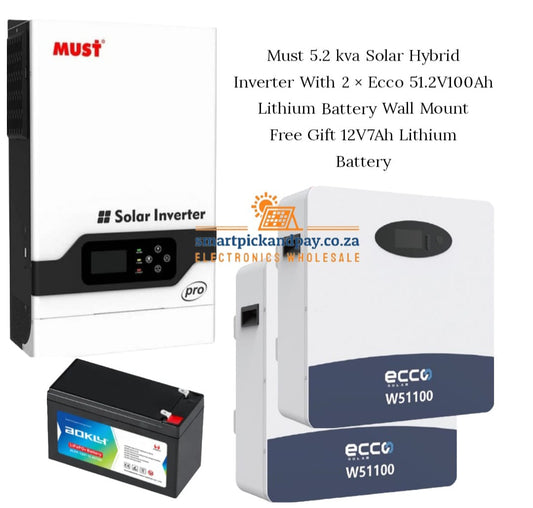 MUST 5.2 KVA SOLAR HYBRID INVERTER 5000W 100A MPPT And 2 Ecco 51.2V100 Lithium Battery Wall MOUNT