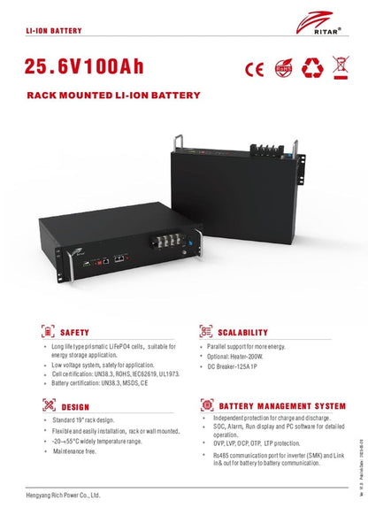 Rack Mount Battery Ritar 25.6v 100ah Lithium LifePO4 2.56Kwh